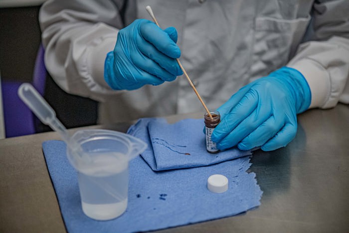 Photo shows hands in blue gloves putting a sampler into a small bottle filled with a brown substance