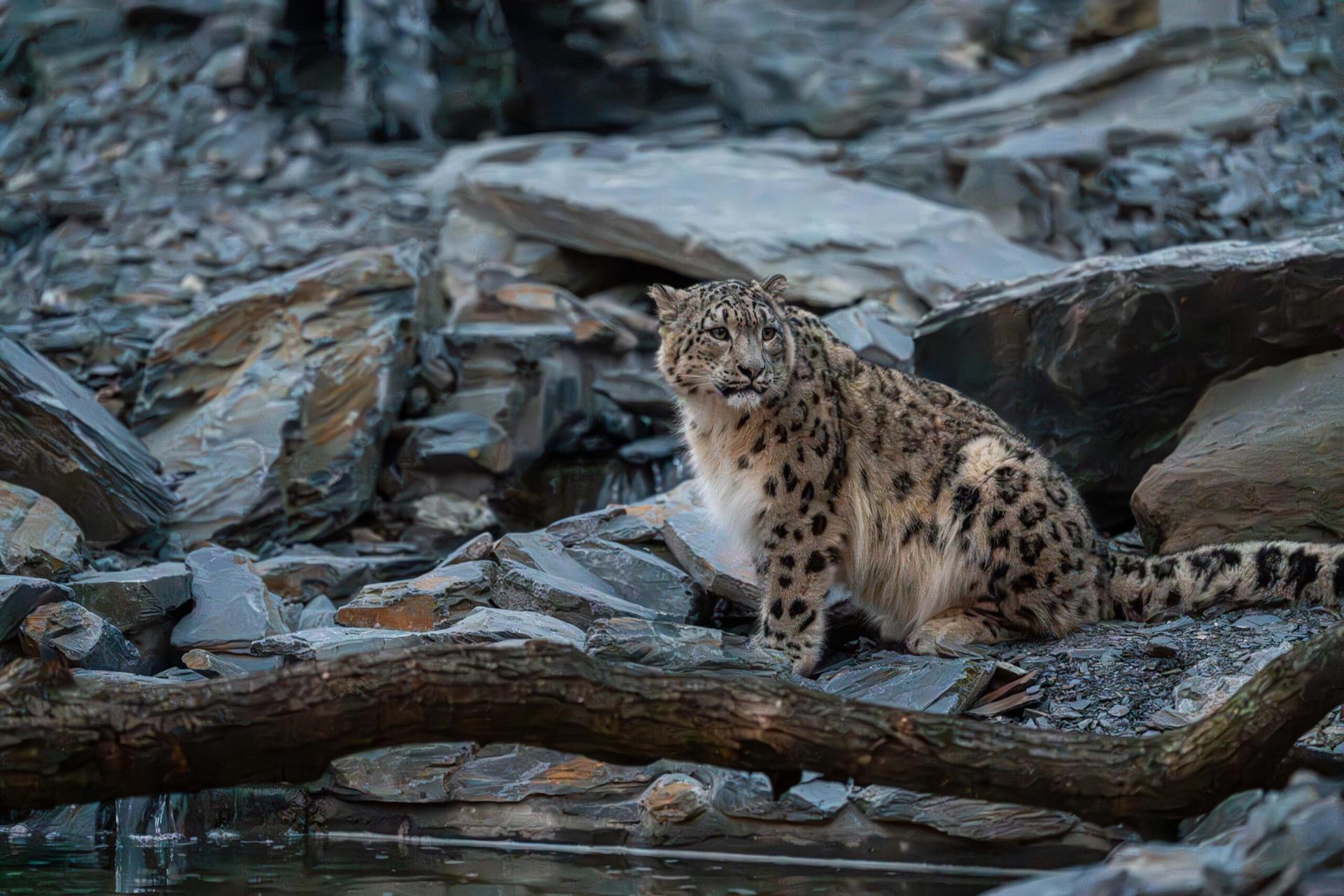 Snow Leopard Sitting On Rocks By Some Water In Their Zoo Habitat